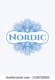 Light blue money style rosette with text Nordic inside