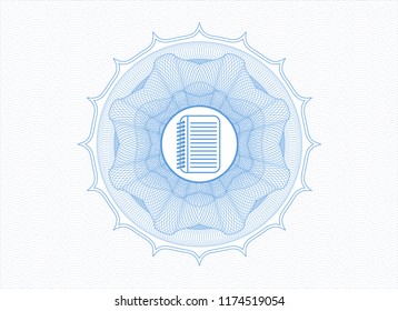 Light blue money style rosette with note book icon inside