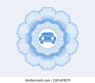 Light blue money style rosette with car seen from front icon inside