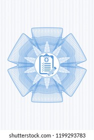 Light blue money style rosette with clinic history icon inside