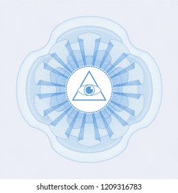 Light blue money style rosette with illuminati pyramid icon inside