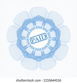 Light blue money style rosette with paid icon inside