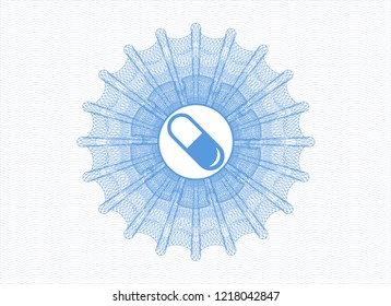 Light blue money style rosette with pill icon inside