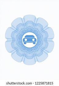 Light blue money style rosette with car seen from front icon inside