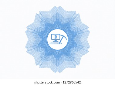 Light blue money style rosette with bitcoin mining icon inside