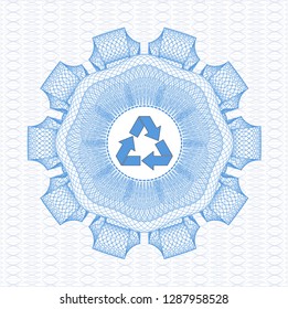 Light blue money style rosette with recycle icon inside