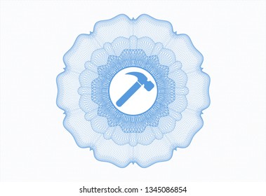 Light blue money style rosette with hammer icon inside