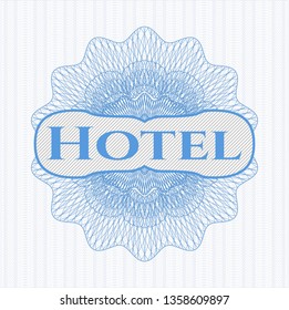 Light blue money style rosette with text Hotel inside