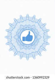 Light blue money style rosette with like icon inside
