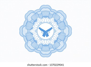 Light blue money style rosette with crossed pistols icon inside