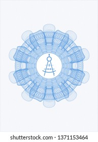 Light blue money style rosette with drawing compass icon inside