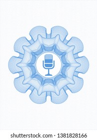 Light blue money style rosette with microphone icon inside