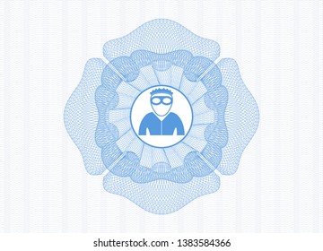 Light blue money style rosette with thief icon inside
