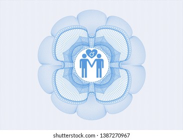 Light blue money style rosette with gay men love icon inside