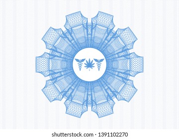 Light blue money style rosette with medicinal weed icon inside