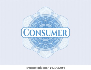 Light blue money style rosette with text Consumer inside