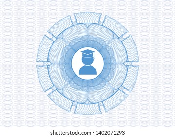 Light blue money style rosette with graduation icon inside