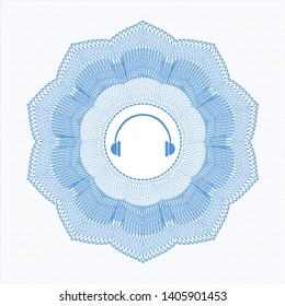Light blue money style rosette with headphones icon inside