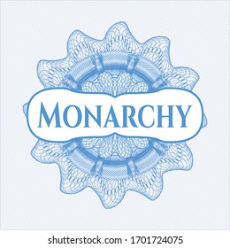 Rosette estilo dinero azul claro con texto Monarquía dentro