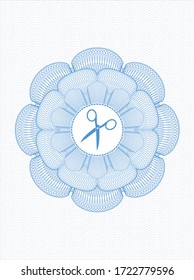 Light blue money style rosette. with scissors icon inside