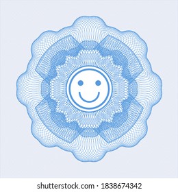 Light blue money style rosette. with happy face icon inside