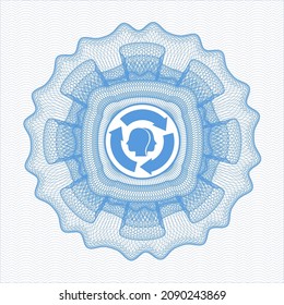 Light blue money style rosette. with brain storm icon inside