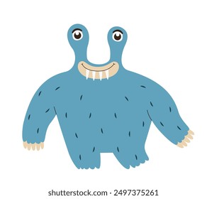 Light blue monster with fangs. Funny Halloween character.