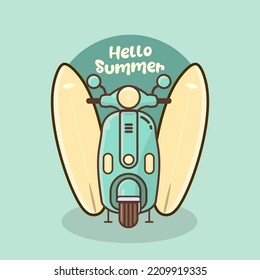 a light blue motorcycle or scooter with a surfboard and the words "hello summer". suitable for design holidays on the beach during the summer. Perfect for t-shirt designs, stickers, etc.