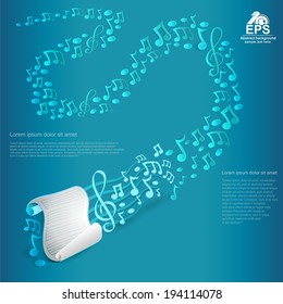 light blue music background with white list of paper with staves and treble clef and other notes from it to far