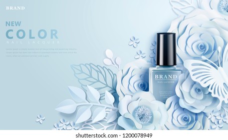 Light blue nail lacquer ads with flowers paper art decors in 3d illustration