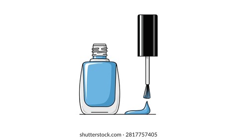 Light blue nail polish bottle with an open cap and brush shows a small drip of liquid lacquer on a white surface in flat art style.