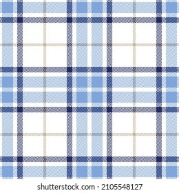 Light blue, navy and beige tartan plaid. Scottish pattern fabric swatch close-up. 