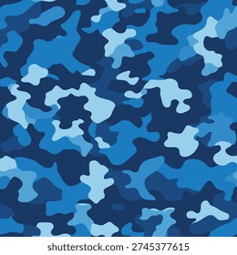 Light blue and navy camouflage seamless pattern vector. Modern military camo background texture for tactical apparel design, fashion print, activewear clothing, and urban street style wallpaper.
