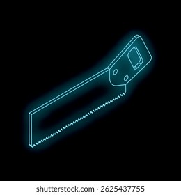 Light blue neon hand saw glowing on a black background, isometric view