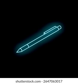 Light blue neon sign shaped like a pen glowing on a dark background