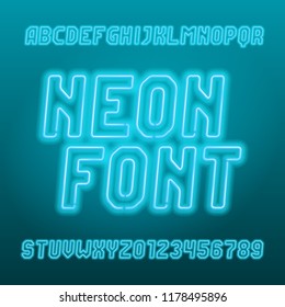 Light blue neon tube alphabet font. Neon color oblique letters, numbers and symbols. Stock vector typeset for your typography design.