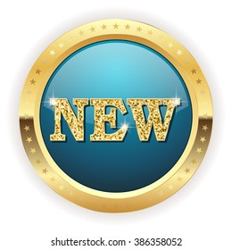 Light blue new button with gold border on white background