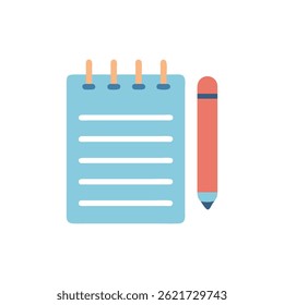A light blue notebook with a coral pencil alongside in flat style, simple composition against a White Background.