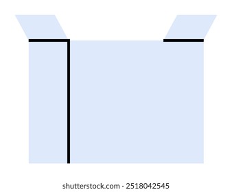 A light blue open box drawing with two flaps open and pointing outward. It features solid black vertical lines highlighting the box edges, all set against a white background. Ideal for storage, packag