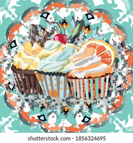 Light blue ornament illustration with festive cupcakes