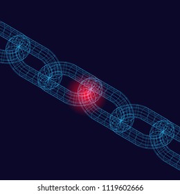 Light blue outline 3d chain with red weak point isolated on black background