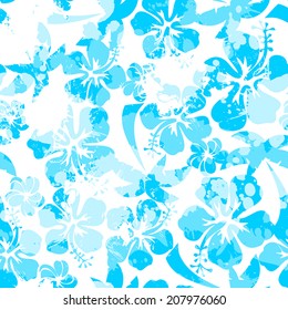 Light Blue Paint Effect Hibiscus Seamless Pattern .