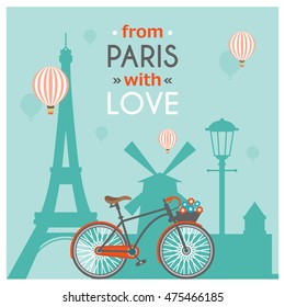 Light blue paris post card with multicolored headline from paris with love vector illustration