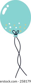 Light blue party balloon floating with gold glitter and white dots, tied with a black string, isolated on white background, suitable for celebrations, birthdays or parties