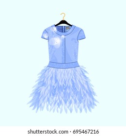 Light blue party dress with feather decor. Fashion illustration for shopping catalog