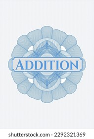 Light blue passport emblem with text Addition inside