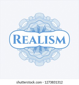 Light blue passport money rosette with text Realism inside