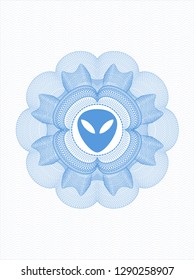 Light blue passport money rosette with alien icon inside