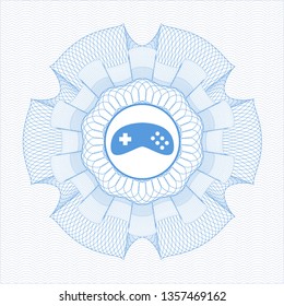 Light blue passport money rosette with video game icon inside