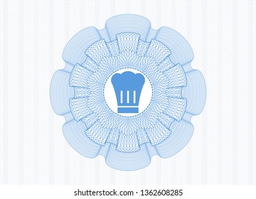 Light blue passport money rosette with chef hat icon inside